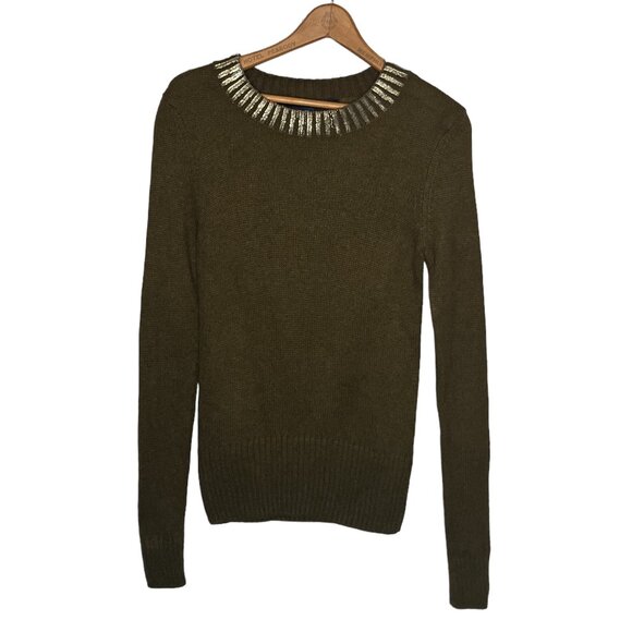 French Connection Small S Olive Green‎ Gold Metallic Collar Yak Blend Sweater - Picture 1 of 5